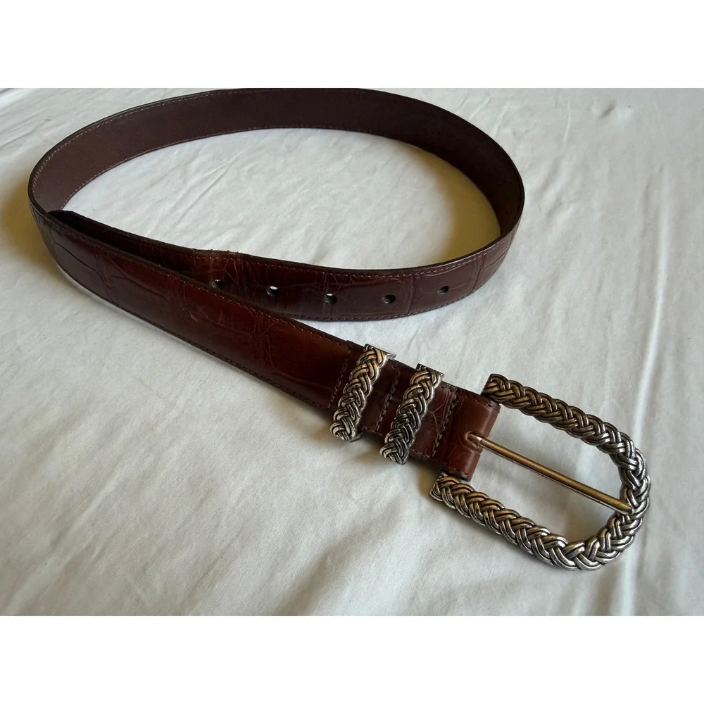 Brighton Brown Crocodile Embossed Leather Western Belt Silver Braided Buckle 32
